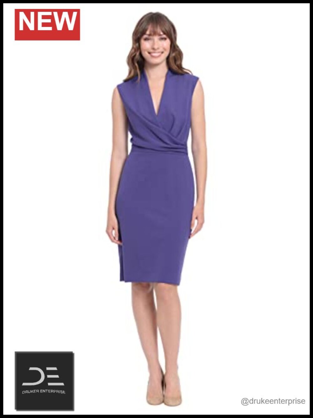 Sleeveless V-Neck Sheath Dress with Pleated Bodice and Knee-Length Skirt